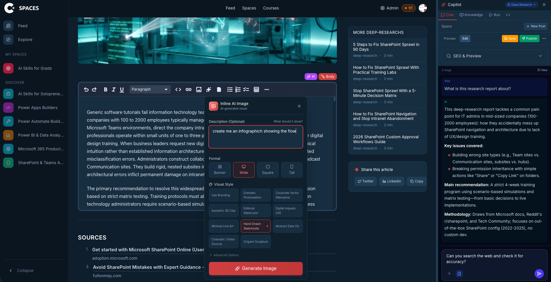 The Admin Copilot interface in Collab365 Spaces