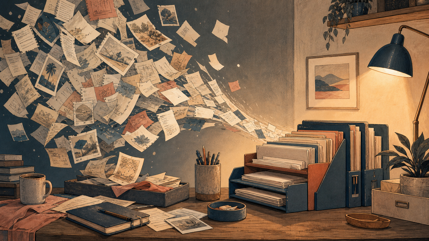 Loose papers and receipts flowing from a chaotic cloud into orderly desk folders