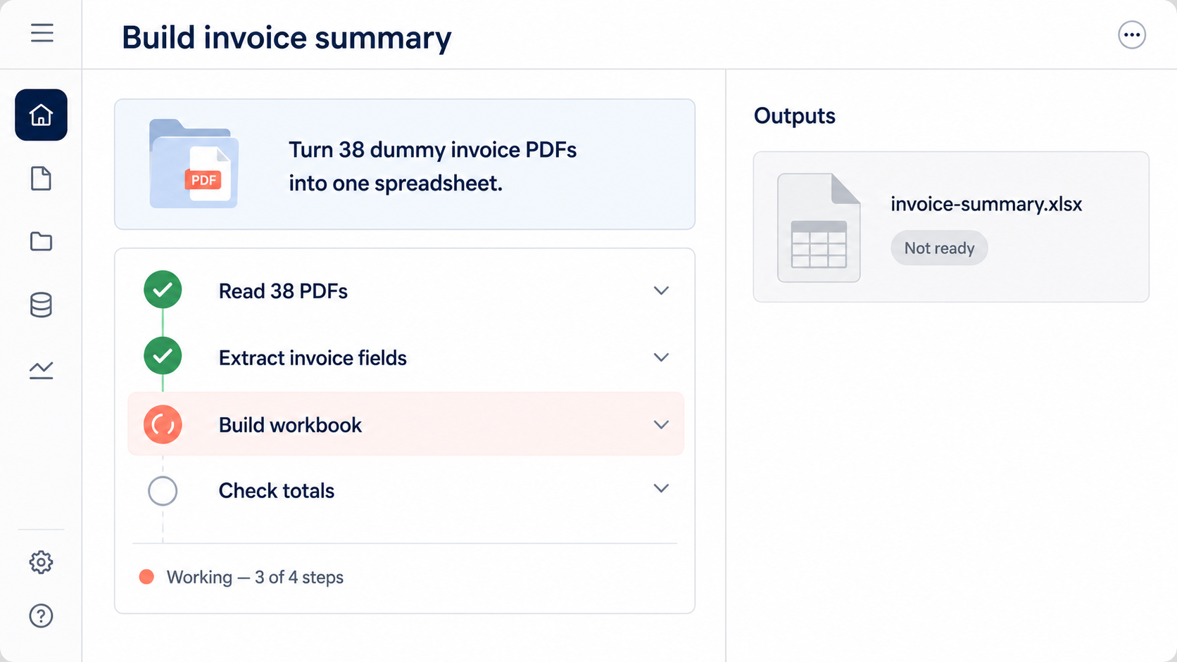 Illustrative cloud worker progress screen building an invoice summary