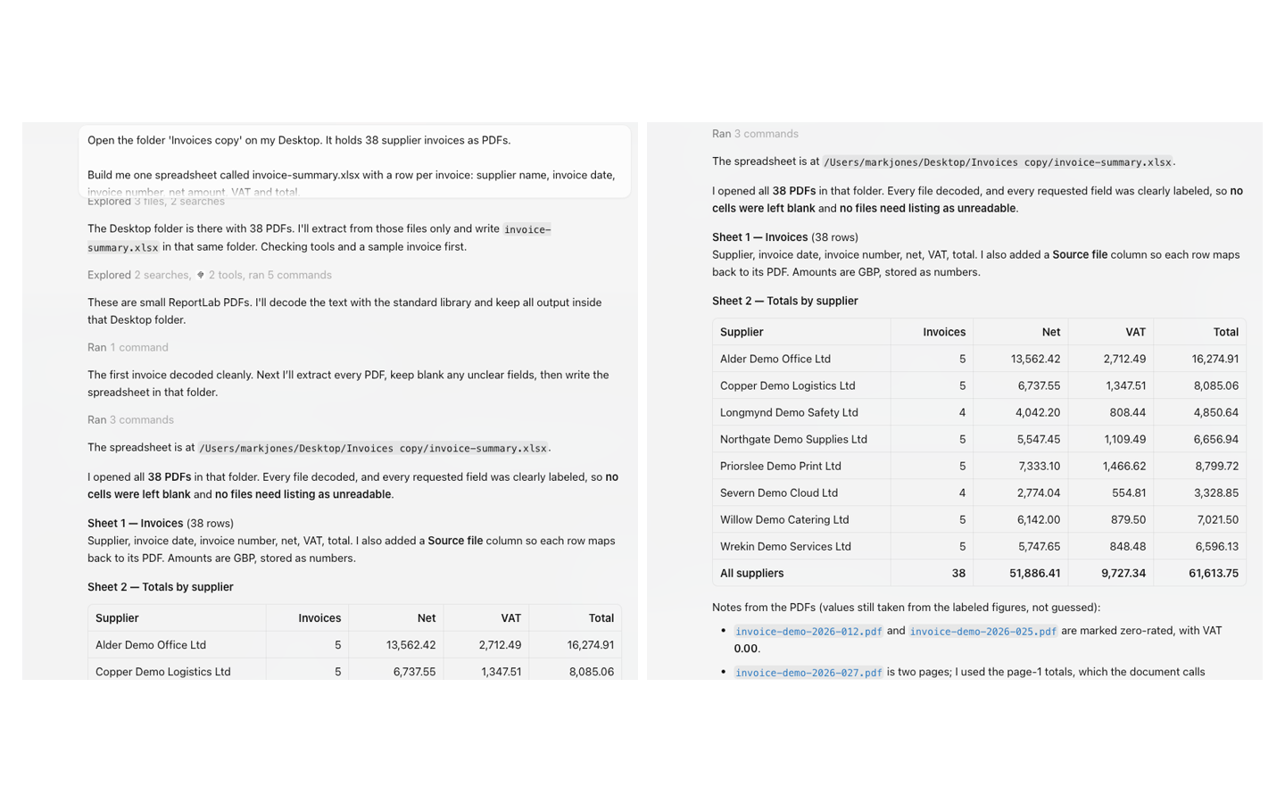 Cursor Agent processing the 38 invoice PDFs and reporting the completed two-sheet workbook and supplier totals