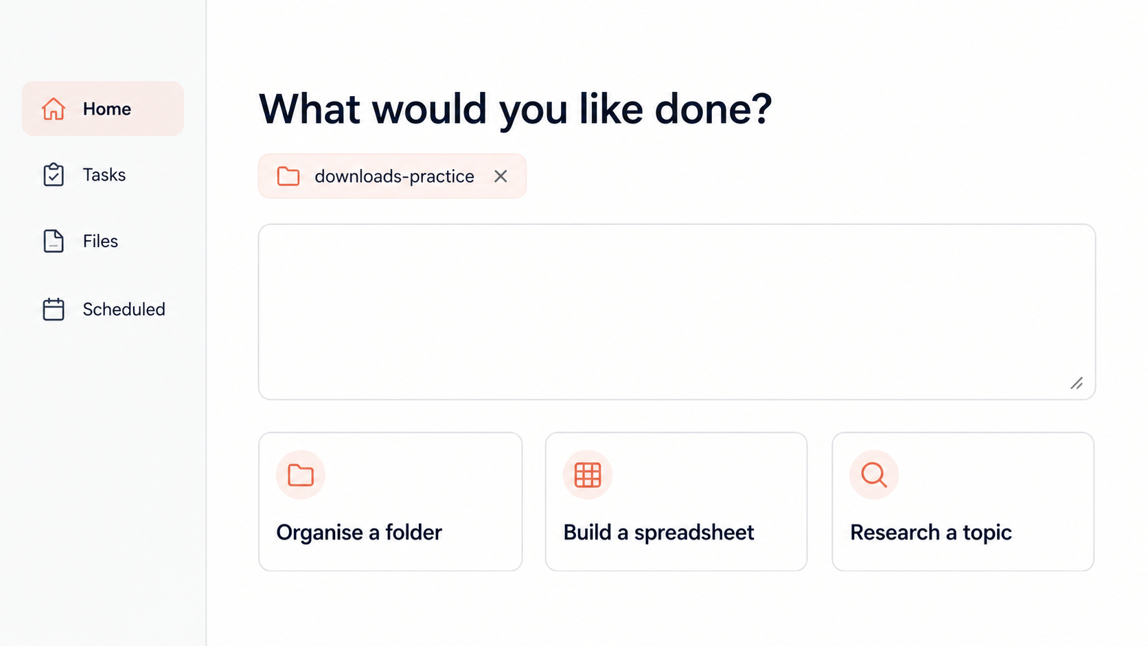 Illustrative desktop agent home screen with a practice folder selected and an empty task box