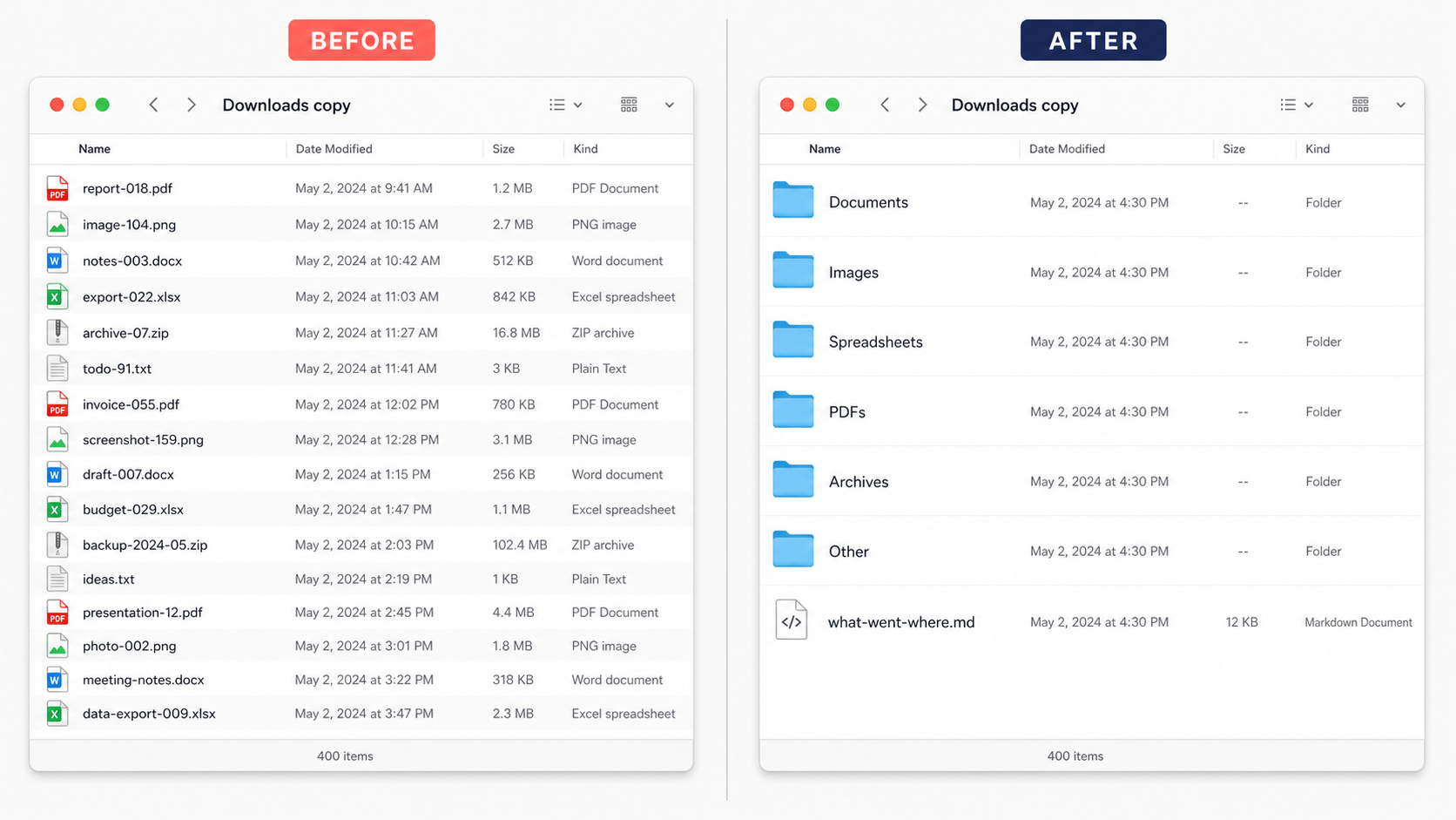 Illustrative before-and-after file manager showing a messy Downloads copy organised into tidy folders