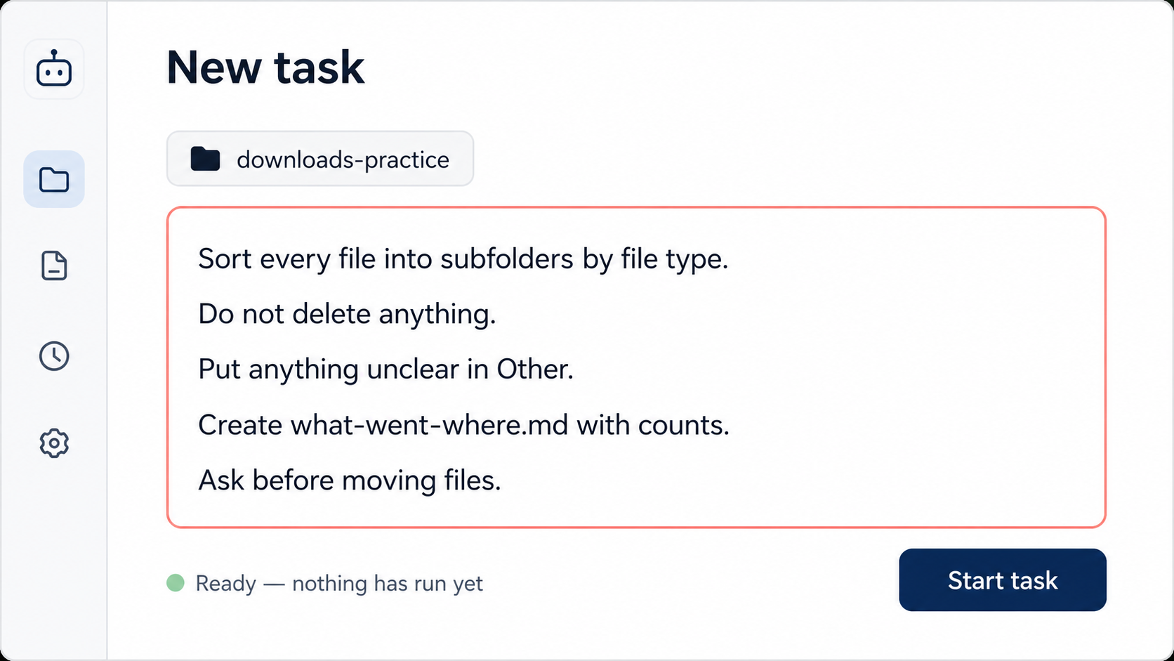Illustrative new task screen with the downloads-practice folder selected and the sorting brief ready