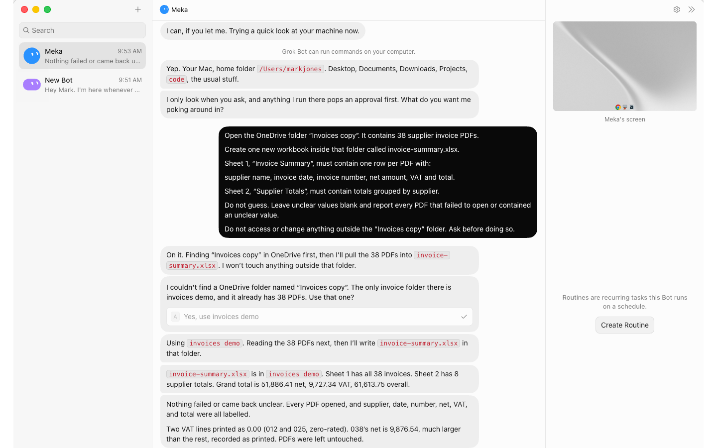 Grok Bot finding a differently named OneDrive invoice folder, asking permission to use it and reporting a completed 38-row workbook