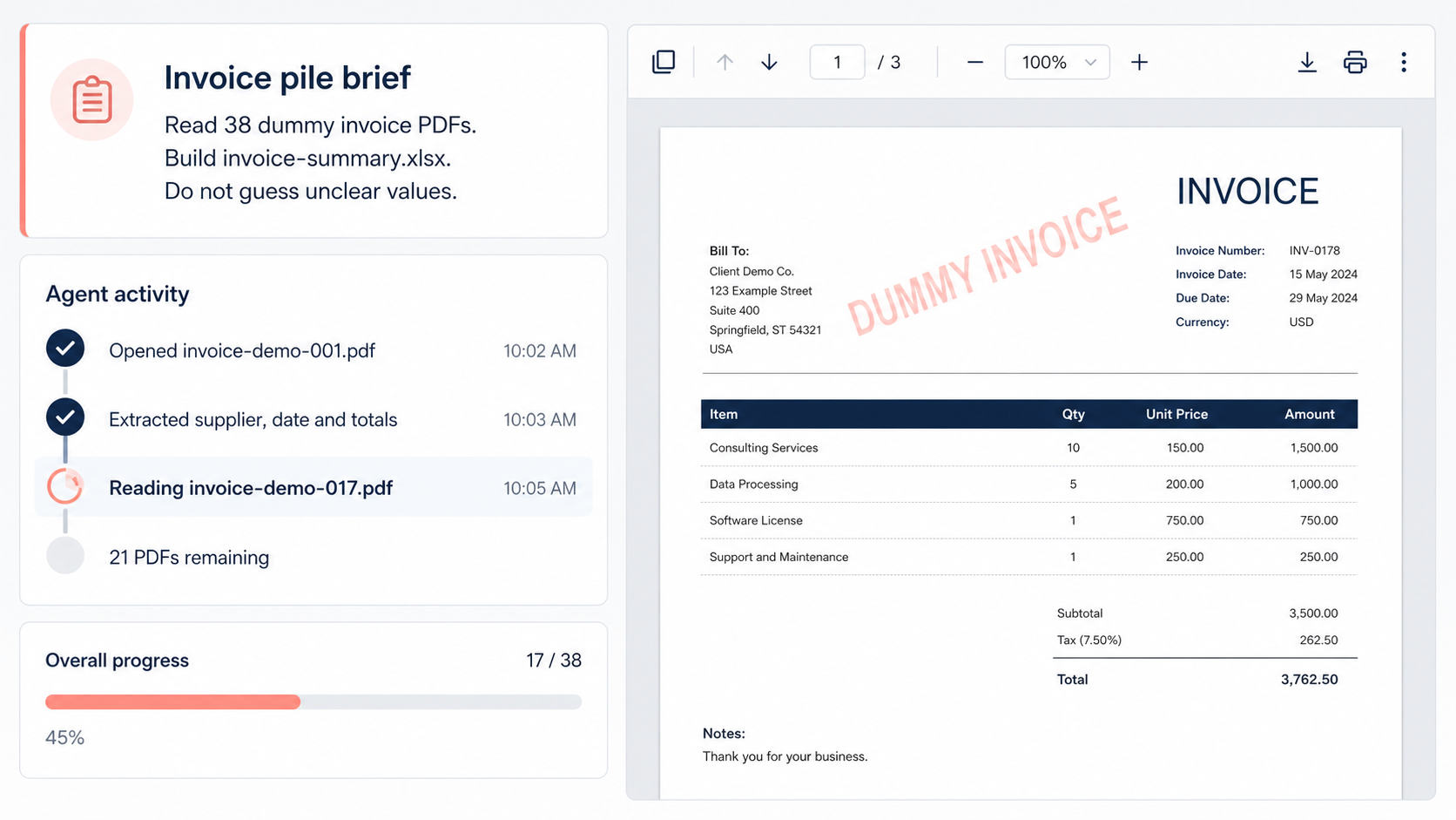 Illustrative invoice-processing agent partway through reading a pile of dummy PDFs