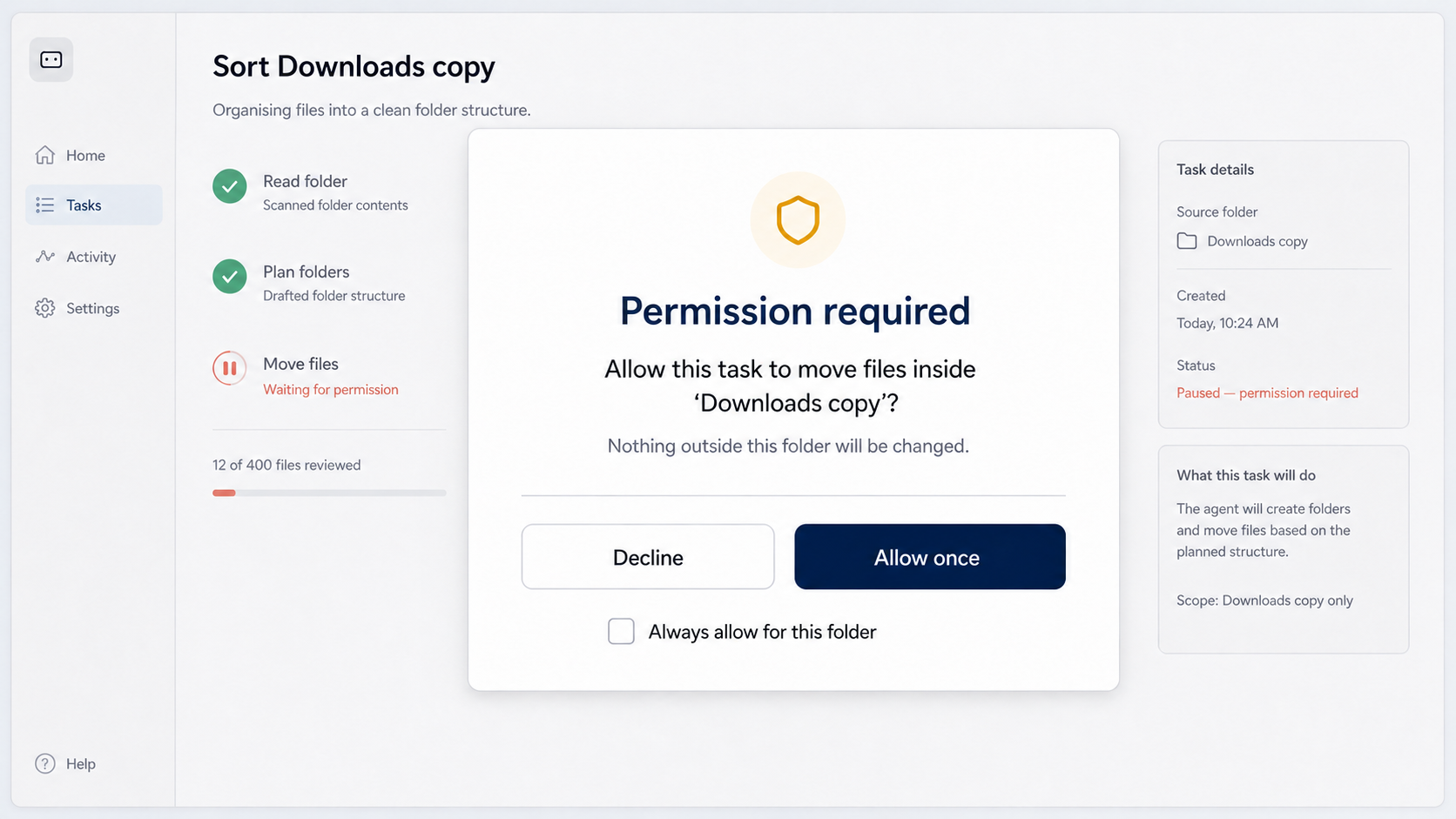 Illustrative agent interface paused mid-task to ask permission before moving files