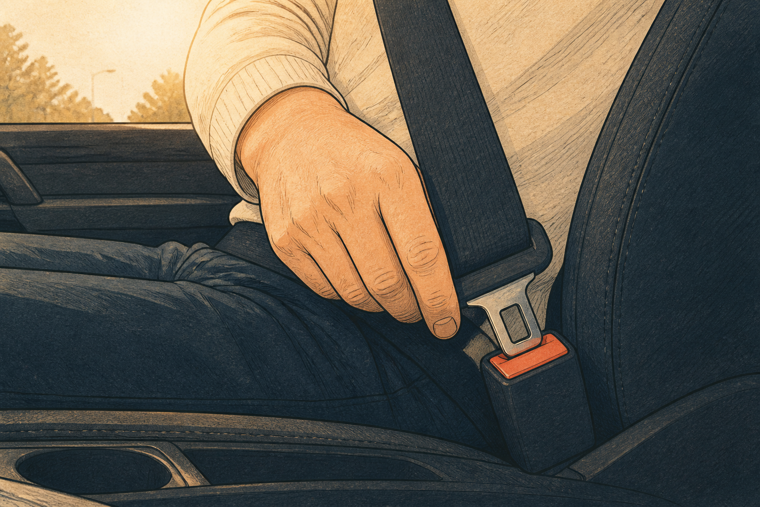 A hand calmly clicking a seatbelt into its buckle