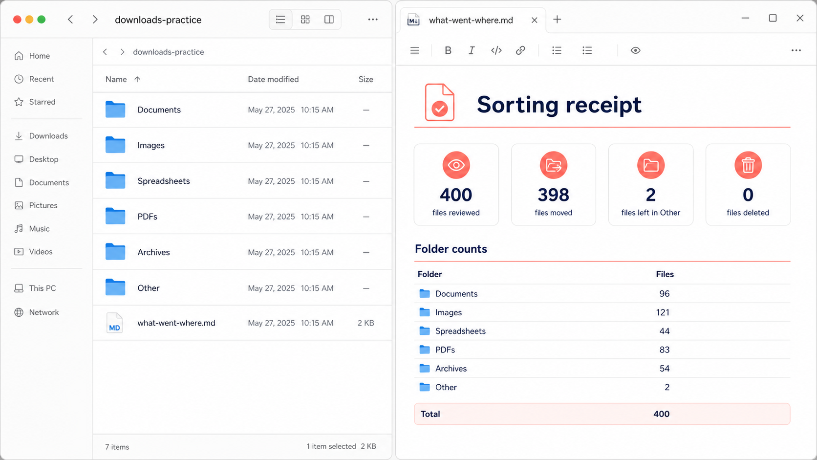 Illustrative sorted practice folder beside a receipt showing reviewed, moved and deleted file counts