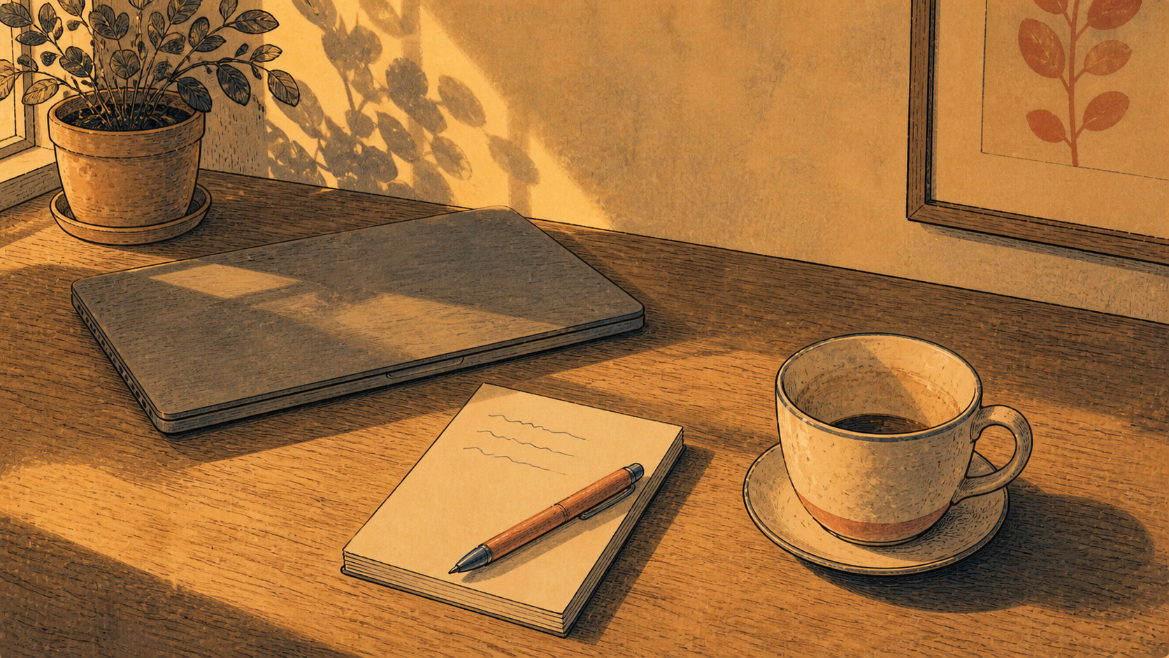 A closed laptop, short notepad, pen and nearly finished coffee in late Friday light