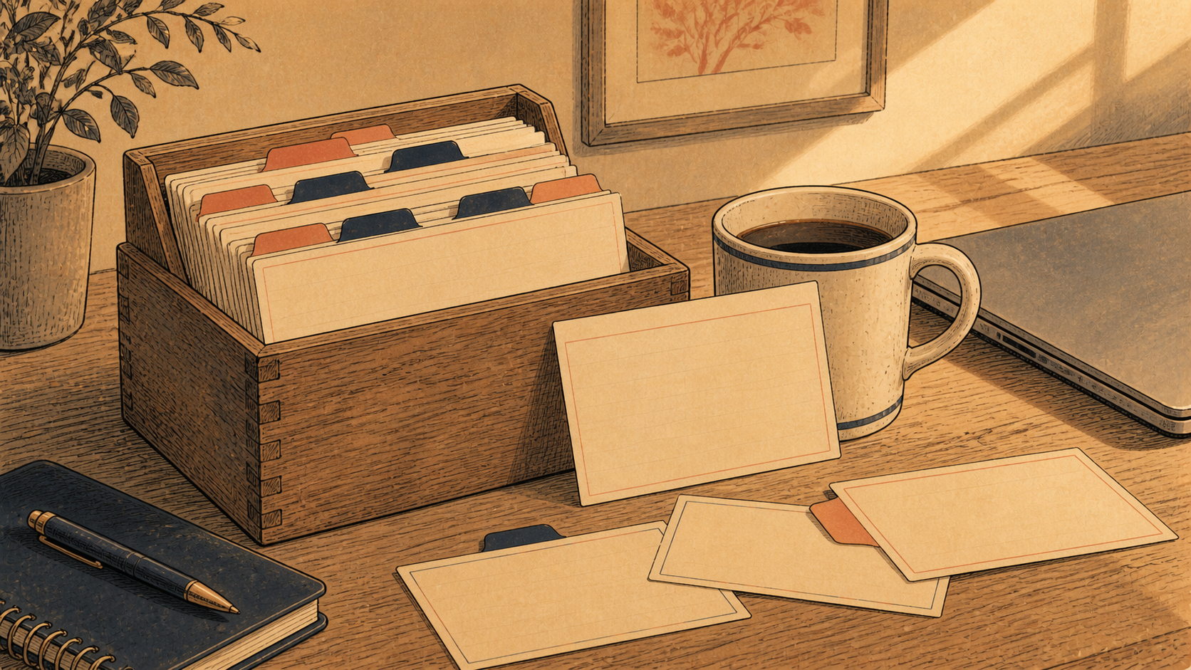 A wooden box of blank recipe cards beside a coffee mug and closed laptop