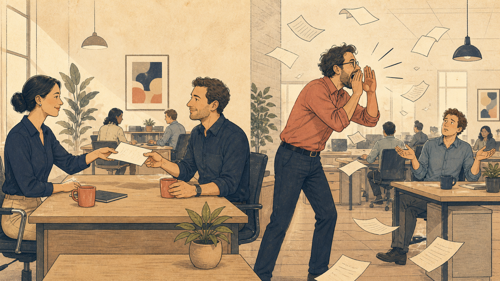A calm written handover contrasted with a vague shouted instruction across an office