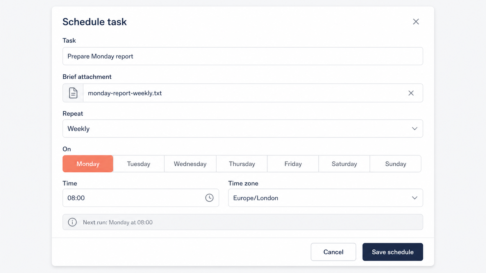 Illustrative weekly task schedule filled in for Monday at 08:00 and not yet saved