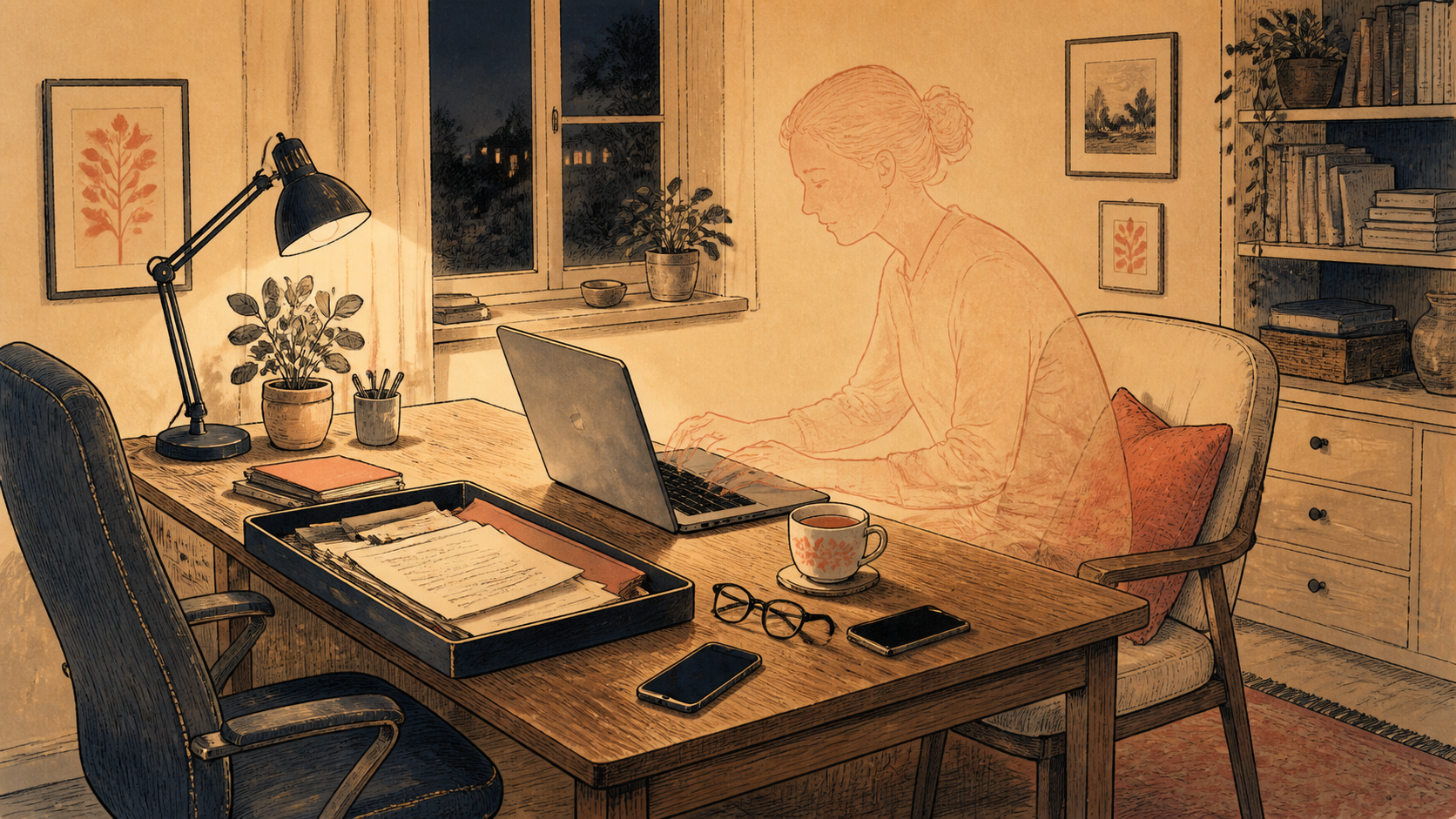 A softly translucent colleague working at a warm home-office desk