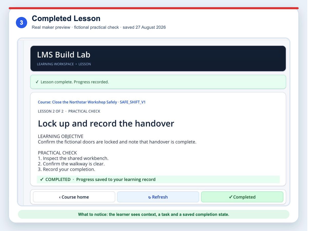 Completed Lesson evidence plate showing course context, a learning objective, a practical check and saved progress