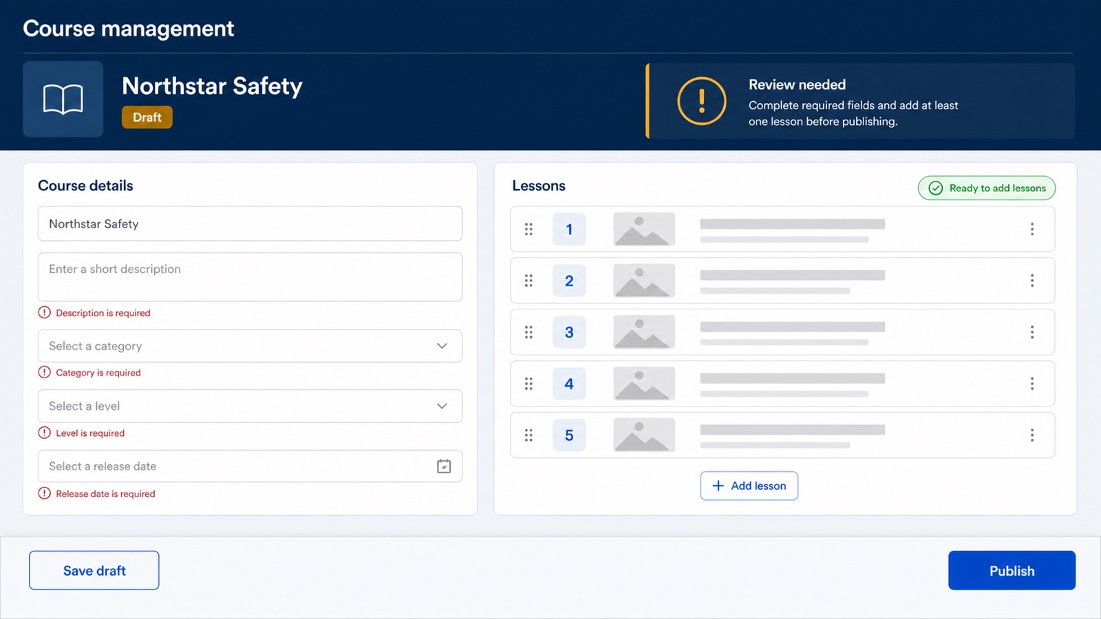 Concept mockup of a Power Apps course management screen with course details, ordered lessons, validation, save draft, and publish actions