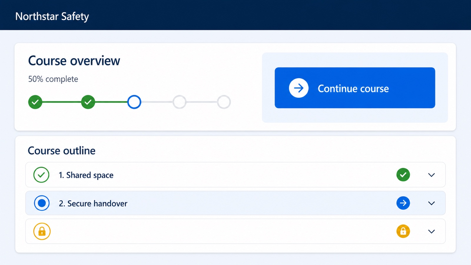 Concept mockup of a Power Apps course overview with course progress, continue action, and ordered lesson rows