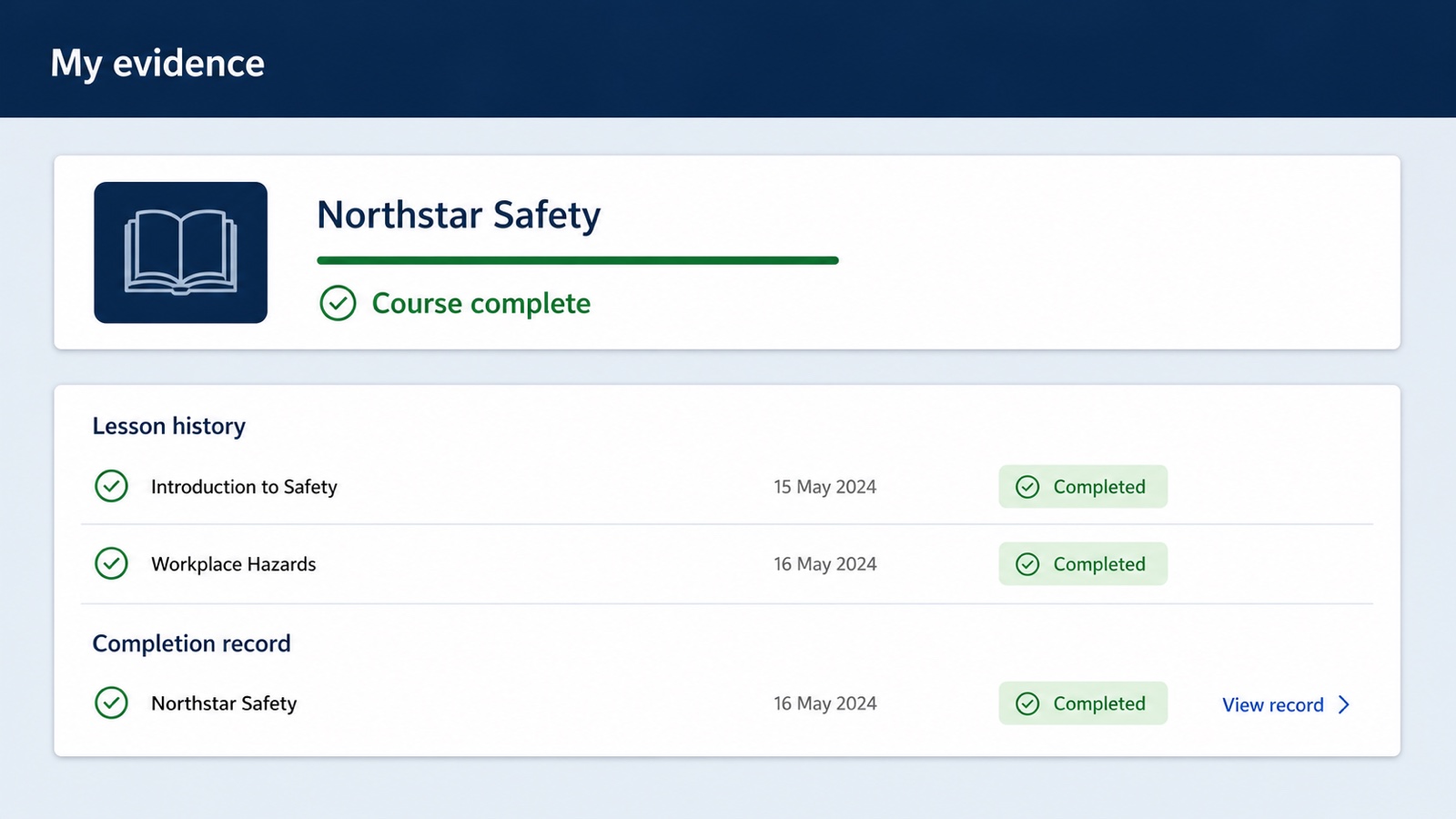 Concept mockup of a Power Apps evidence screen with lesson history and a separate whole-course completion record