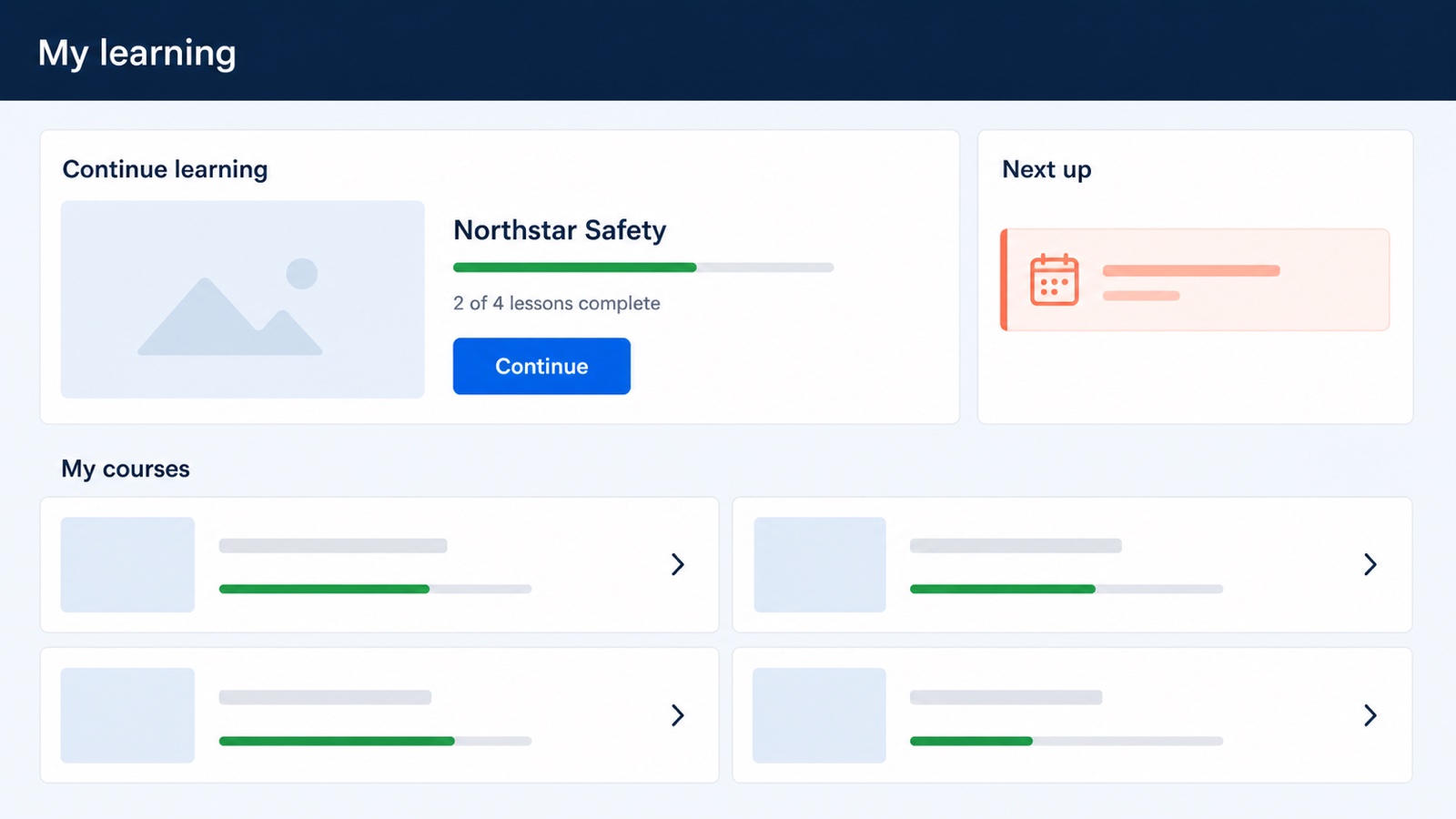 Concept mockup of a Power Apps learner home with a continue card, course gallery, progress, and next activity