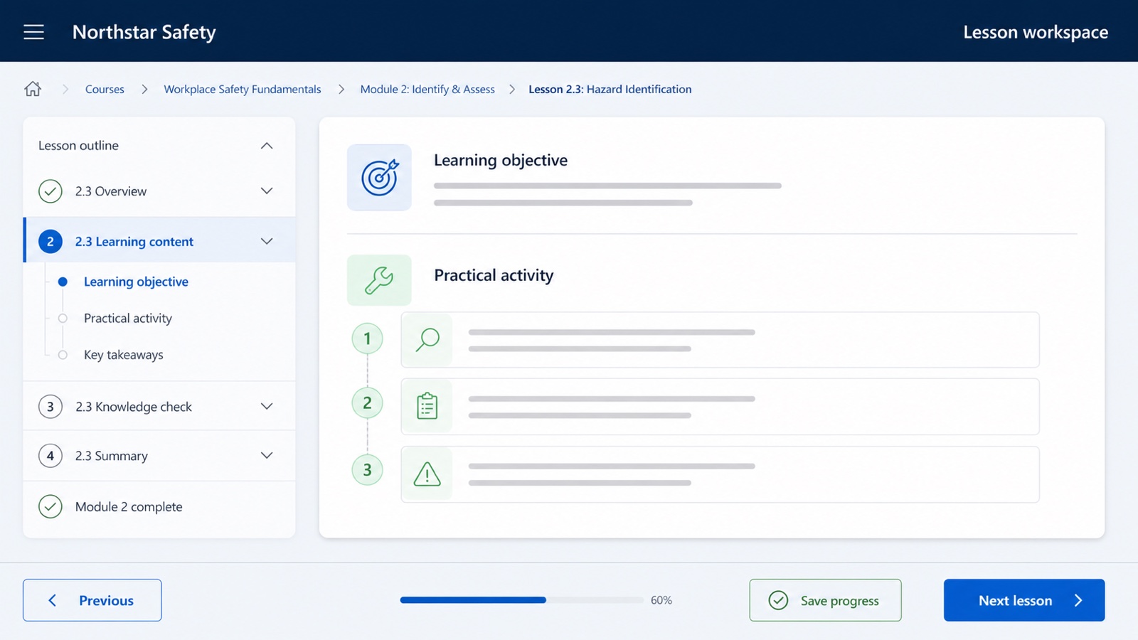 Concept mockup of a Power Apps lesson workspace with a lesson outline, learning objective, practical activity, and navigation controls