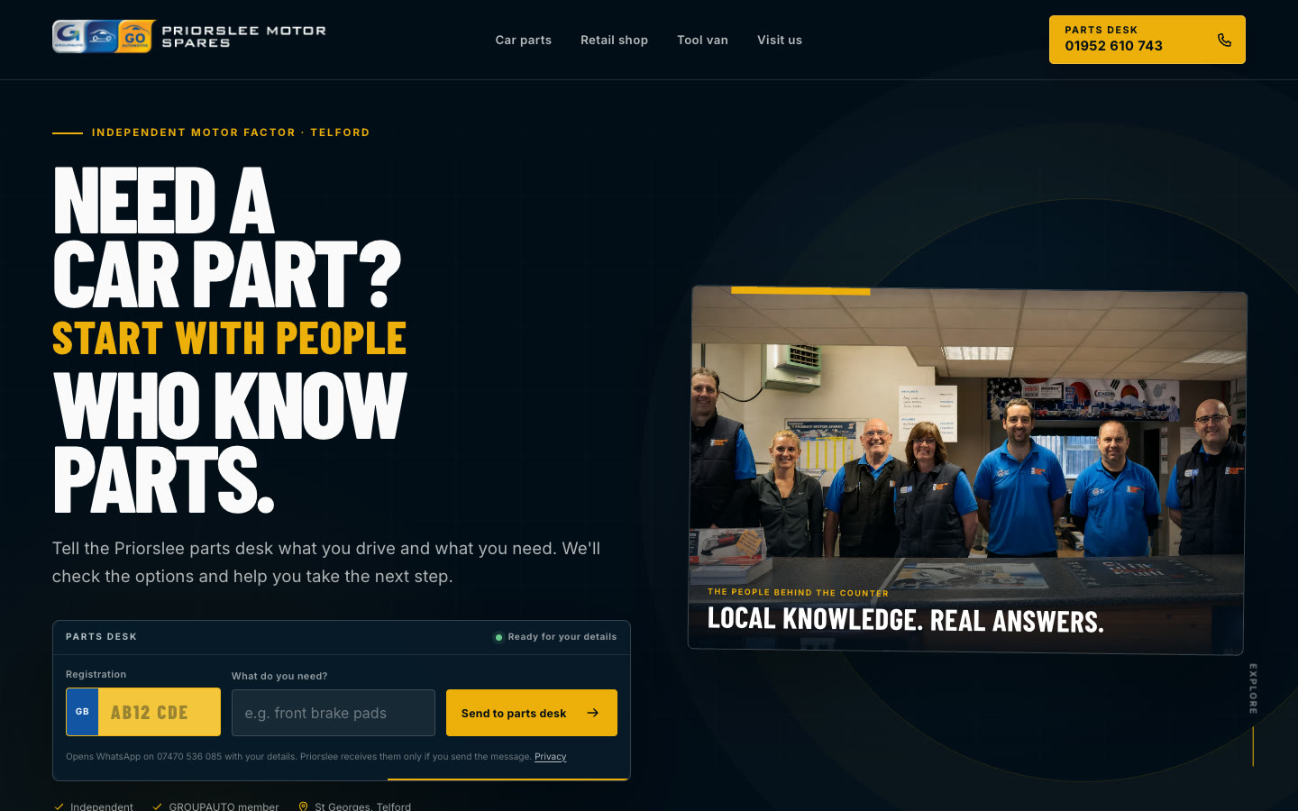 The new Priorslee Motor Spares homepage with a clear car parts message, the real team and a registration enquiry
