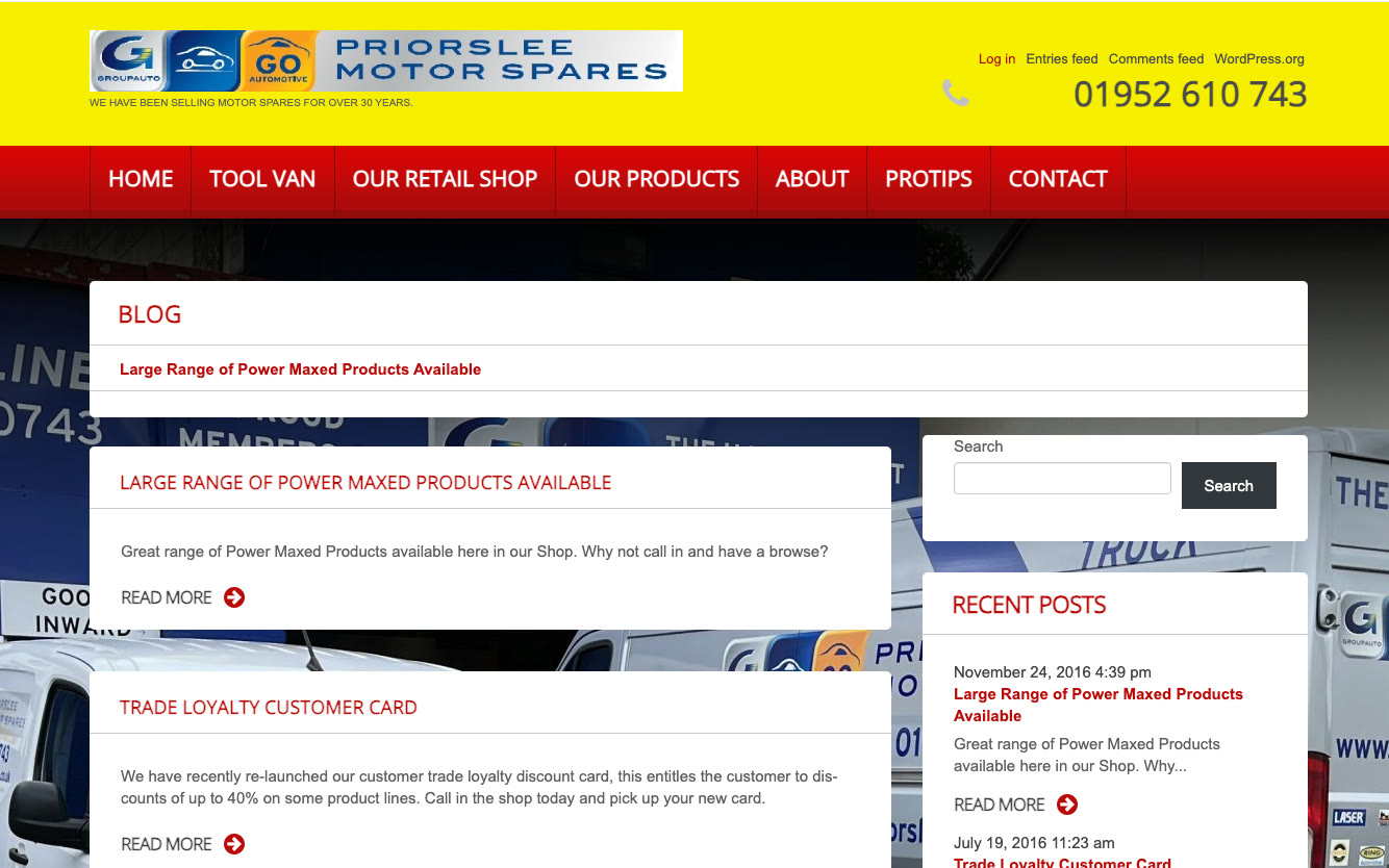 The old Priorslee Motor Spares WordPress homepage with a yellow and red theme, crowded navigation and an old blog as the main content